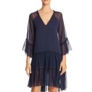 Alice + Olivia Navy Ruffle-Tier  Zoey Mini Dress with Sheer Sleeves